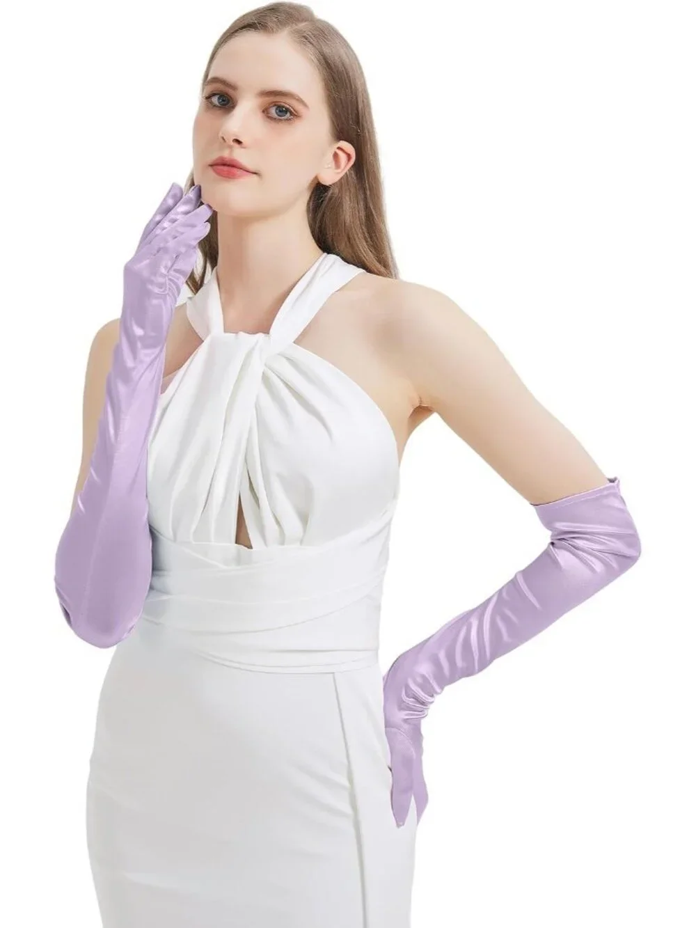 Women's Light Purple Satin Opera Elbow Length 1920s Flapper Long Gloves Party